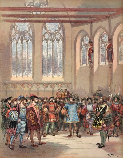 The Bourgogne herald, sent by Charles V, received by Francis I in the Great hall of Parliament, illustration from 